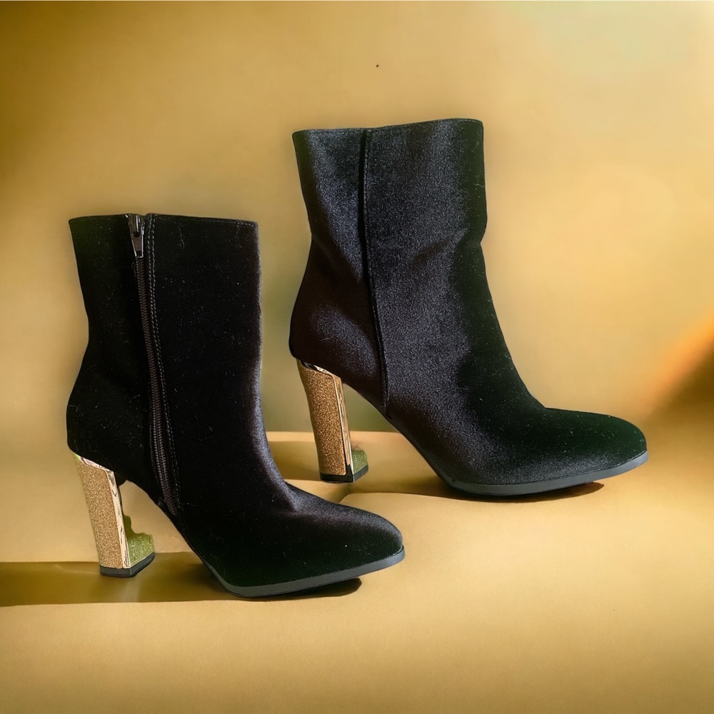 nearly new, Black velvet  boots with gold sparkle heel